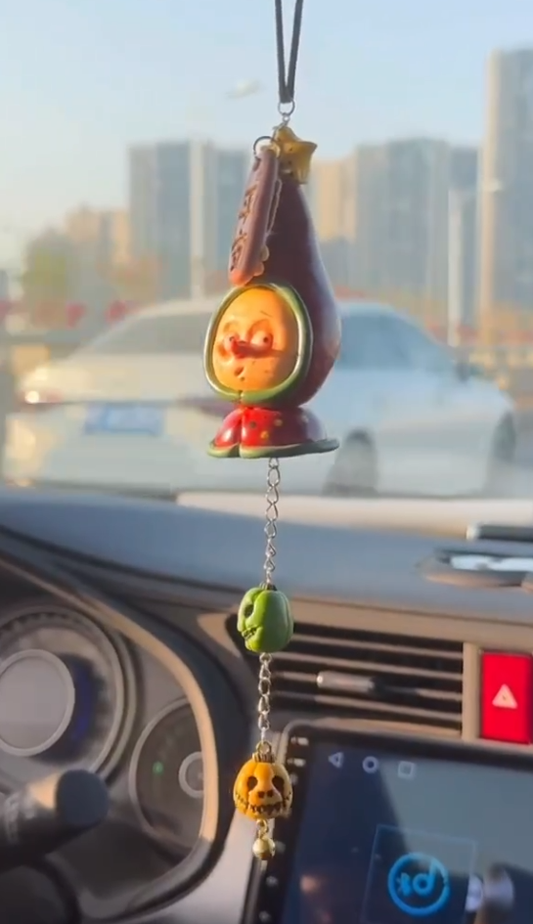 Whimsical Watermelon Clay Car Charm | Handcrafted Quirky Artisan 'Safe Passage' Hanging Ornament with Skulls and Bell | Unique Bohemian Gift