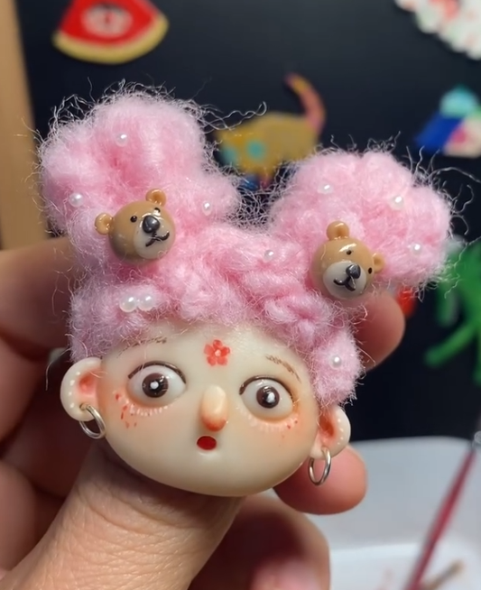 Cute Pink Hair Teddy Bear Clay Brooch | Handmade OOAK Art Pin | Pearl & Fluff Detail | Unique Gift for Her