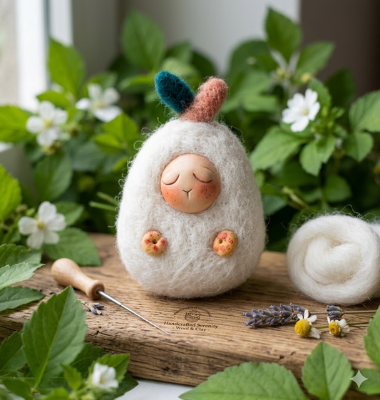 Whimsical Handcrafted Serenity: One-of-a-Kind (OOAK) Mixed Media Sleepy Forest Spirit Art Doll in Wool and Clay with Botanical Accents