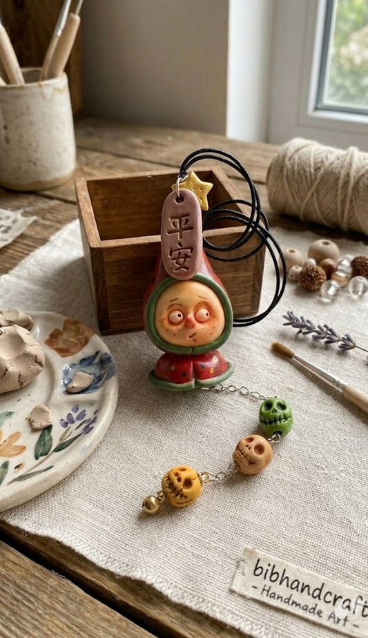 Whimsical Watermelon Clay Car Charm | Handcrafted Quirky Artisan 'Safe Passage' Hanging Ornament with Skulls and Bell | Unique Bohemian Gift