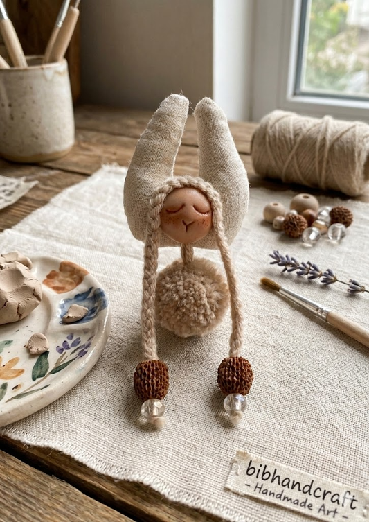 Unique Handmade Sleeping Ram-Horn Art Doll | OOAK Polymer Clay & Linen Mixed Media Fantasy Creature | Beaded Braids | Whimsical Home Decor | Bibhandcraft
