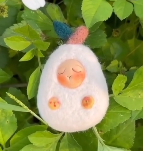 Whimsical Handcrafted Serenity: One-of-a-Kind (OOAK) Mixed Media Sleepy Forest Spirit Art Doll in Wool and Clay with Botanical Accents