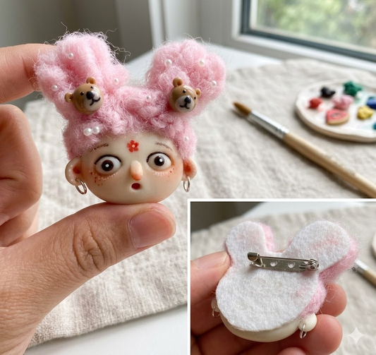 Cute Pink Hair Teddy Bear Clay Brooch | Handmade OOAK Art Pin | Pearl & Fluff Detail | Unique Gift for Her